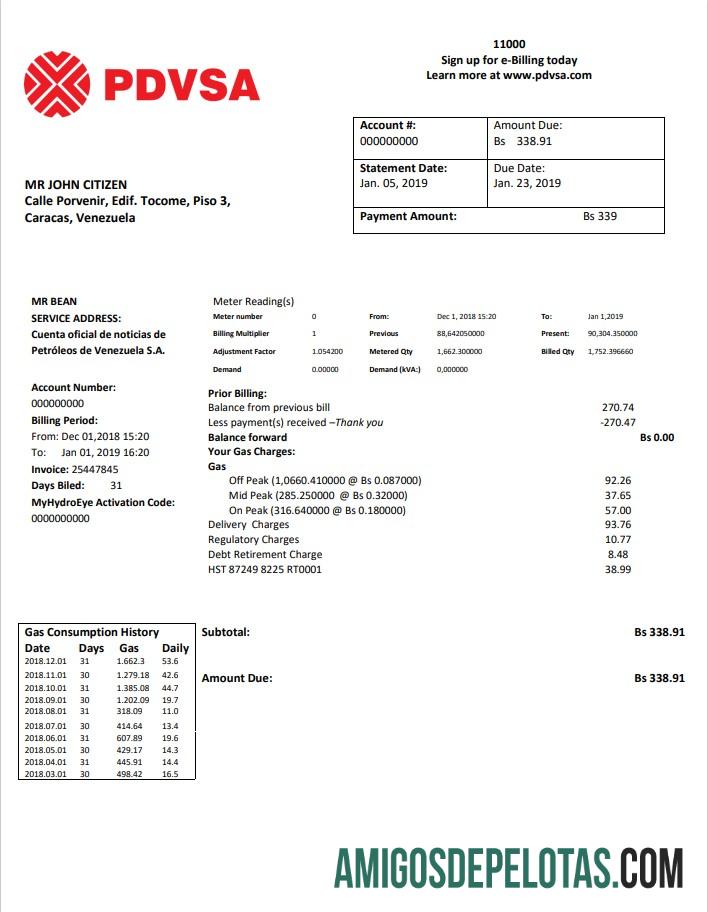 Para baixar modelo de conta de serviços públicos de gás PDVSA da Venezuela em formato Word e PDF